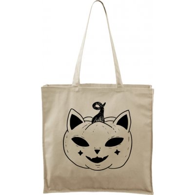 Ručně malovaná větší plátěná taška - Halloween kočka - Dýně, přírodní/černý motiv