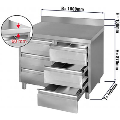 G.Gastro Zásuvková skříňka PREMIUM - 1,0 m - se 6 šuplíky & obkladovým panelem - 16205 – Zboží Mobilmania