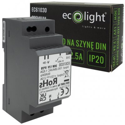 Eco Light Napájecí zdroj na DIN lištu 12V 30W 2,5A pro IP20 PREMIUM LED pásek EC61030 – Sleviste.cz