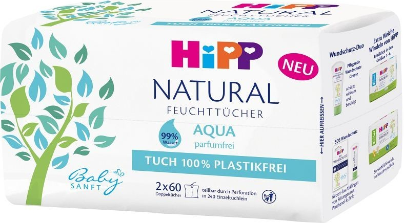 HiPP Babysanft čisticí vlhčené ubrousky Aqua Natural 2 x 60 ks od 108 Kč -  Heureka.cz