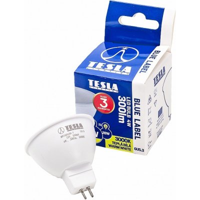 TESLA LED žárovka GU5,3 MR16, 4W, 12V, 300lm, 25 000h, 3000K teplá bílá, 100° – Zbozi.Blesk.cz