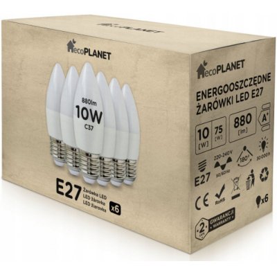 EcoPlanet 6x LED žárovka E27 10W svíčka 880Lm teplá bílá