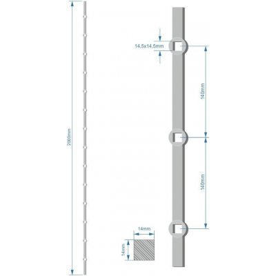 Probíjená tyč délky 2000 mm, opískovaná, profil 14 x 14 mm, rozteč děr 140 mm, oko 14,5 x 14,5 mm, na tyči je 14 děr