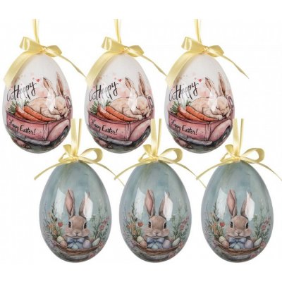 Clayre & Eef 6ks dekorace bílé a modré závěsné vajíčko s králíčky Spring Egg - Ø 7*10 cm – Hledejceny.cz