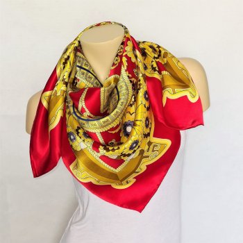 Dámský hedvábný velký četvercový šátek červený žlutý šála červená ornamenty  od 889 Kč - Heureka.cz