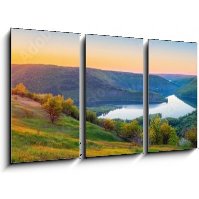 Obraz 3D třídílný - 90 x 50 cm - Vivid sunrise landscape in the national nature park Podilski Tovtry, canyon and Studenytsia river is tributary of Dnister river, view fr