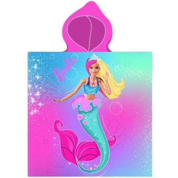 Carbotex Dívčí plážové pončo osuška s kapucí Barbie motiv Mořská panna 50 x 115 cm