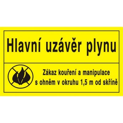 Hlavní uzávěr plynu/Zákaz kouření a manipulace s plamenem v okruhu 1,5m od skříně | Samolepka, 16x9 cm, žlutá