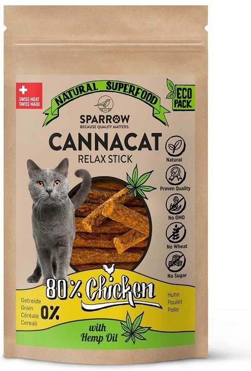 Sparrow Cannacat Relax Stick konopné kuřecí pamlsky pro kočky 50 g