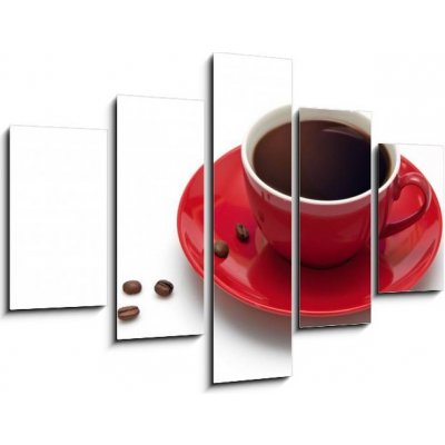 Obraz 5D pětidílný - 150 x 100 cm - Red coffee cup and grain on white background Červená šálek kávy a zrna na bílém pozadí