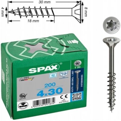 SPAX zápustná hlava 4x30mm částečný závit TX20 certifikovaný nerez A2 (200 ks) – Hledejceny.cz