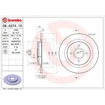 BREMBO Brzdový kotouč plný Ø280mm 08.A274.10 | Zboží Auto