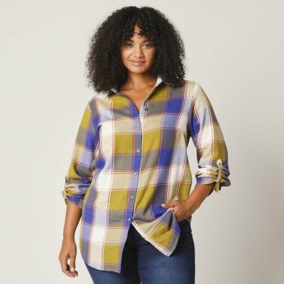 Dlouhá košile z kostkovaného flanelu mechová/režná – Zboží Dáma