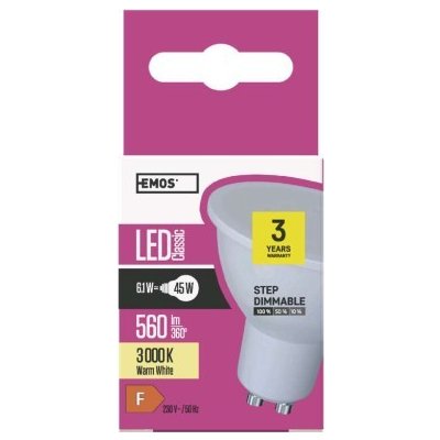 Emos Lighting LED žárovka Classic MR16 6,1W GU10 teplá bílá, krokově stmívatelná ZL4301