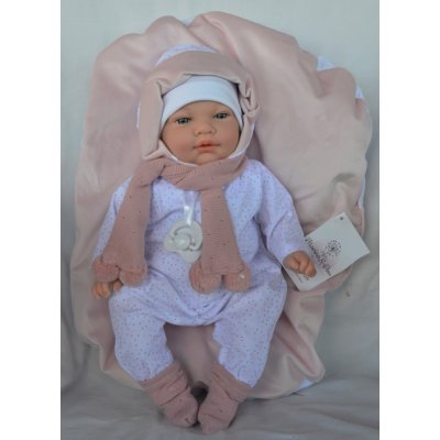 Marina & Pau Realistické miminko Míša na růžovo-bílém polštářku Sweet Baby Soft 42 cm – Zboží Mobilmania