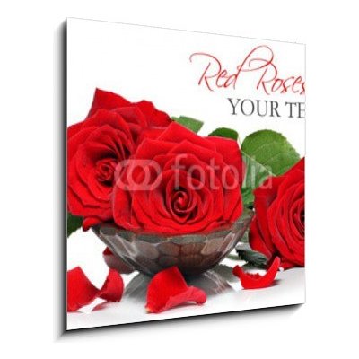 Obraz 1D - 50 x 50 cm - Red roses and petals in a wooden spa bowl Červené růže a okvětní lístky v dřevěné lázni