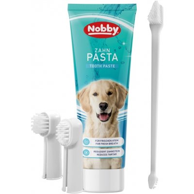 Set na čištění zubů psa: zubní pasta s mátou 100g + 1ks oboustranný a 2ks prstový kartáček Nobby – Zbozi.Blesk.cz
