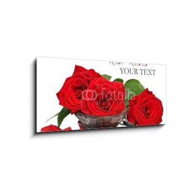Obraz s hodinami 1D - 120 x 50 cm - Red roses and petals in a wooden spa bowl Červené růže a okvětní lístky v dřevěné lázni