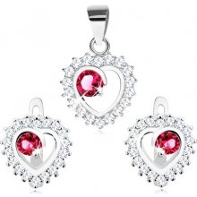 Šperky eshop stříbrný set náušnice a přívěsek čirý obrys srdce kulatý růžový zirkon R29.4