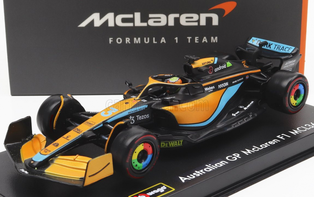 Bburago Mclaren F1 Mcl36 Mercedes Team Mclaren N 3 Australian Gp 2022 Daniel Ricciardo With Helmet And Plastic Showcase Oranžová Světle Modrá 1:43