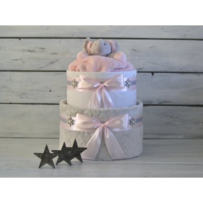 dortNEdort Dvoupatrový vánoční plenkový dort se sloníkem Miminko se ještě nenarodilo, Barva dortuNEdortu nebo vzor deky: růžový mašle pro holčičku – Zboží Dáma