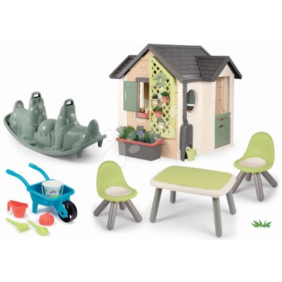 Smoby KidTable Garden House rozšiřitelný se 2 židlemi kolečko s nářadím a oboustranná houpačka – Zboží Dáma