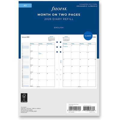 Filofax Měsíční kalendář 2026, měsíc/2 strany, Aj náplň A5 diářů – Zboží Dáma