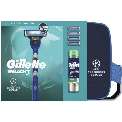 Gillette Champions League Mach3 holicí strojek 1 ks + náhradní břity 4 ks + gel na holení pro muže 200 ml + kosmetická taška – Zboží Mobilmania