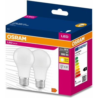 Osram 2PAK LED žárovka LED E27 A60 8,5W = 60W 806lm 3000K Teplá bílá 200° VALUE – Hledejceny.cz