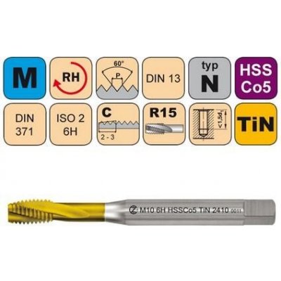 NÁSTROJE CZ Závitník strojní M10x1,5 ISO2 HSSCo5 TiN DIN 371 RSP15 - 2410 - CZZ2410-M10-ISO2 – Zboží Mobilmania