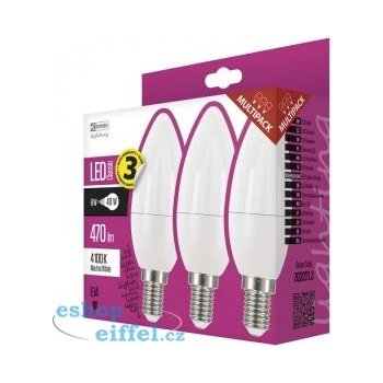 Emos LED žárovka CANDLE, 6W/40W E14, NW neutrální bílá, 470 lm, Classic A+, 3 PACK