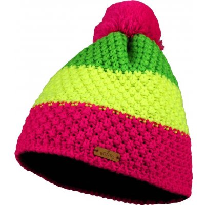 Bontis dětská trojbarevná pletená zimní čepice s bambulí Neonově růžová / žlutá / zelená – Sleviste.cz