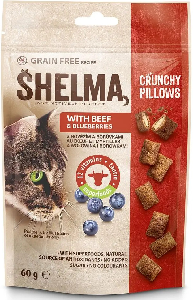 Shelma bezobilné polštářky pro kočku hovězí borůvka 8 x 60 g