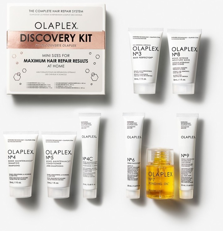 Olaplex Discovery Kit No. 3 hair Perfector 30 ml + No. 8 maska 30 ml + No.4 šampon 30 ml + No. 5 kondicionér 30 ml + No. 4C šampon 20 ml + NO. 6 20 ml + No. 7 olej 30 ml + NO. 9 sérum