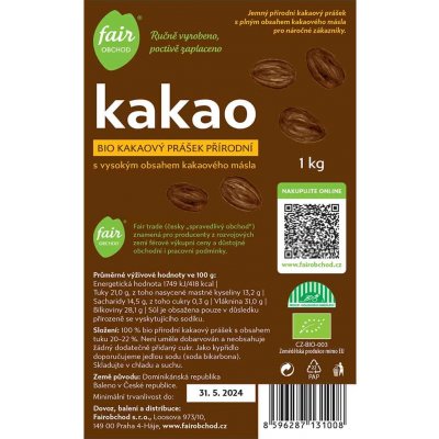 Fairobchod Bio kakaový prášek přírodní vysokotučný z Dominikánské republiky 1000 g