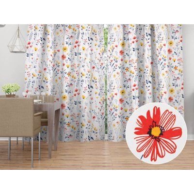 Biante Bavlněný závěs Sandra SA-749 Červeno-modro-žluté kvítí na bílém 150x140 cm – Hledejceny.cz