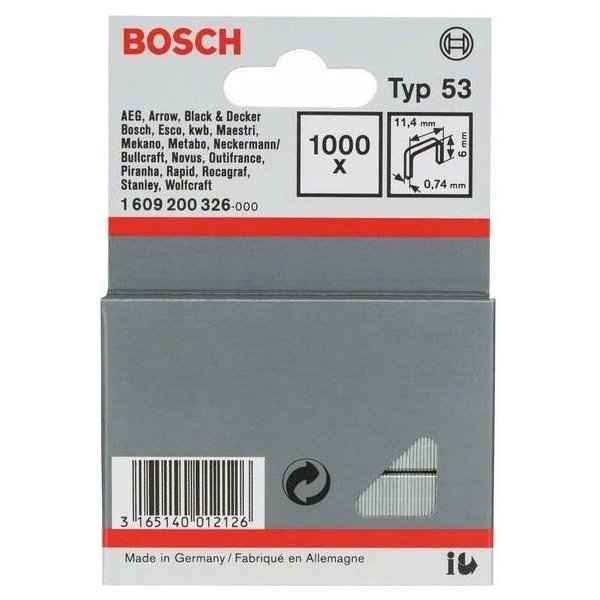 Nýt trhací Sponky do sponkovaček Bosch PTK 3,6 LI, PTK 14 E Duotac, HT 8, HT 14, HMT 53 a HMT 57 - 6x11.4x0.74mm, 1000ks, typ 53 (1609200326)