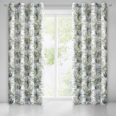 Bílo zelený závěs na kruhy s rostlinným motivem Šírka 140 cm | Dĺžka 250 cm biela Zatemňovací závěsy Kruhy – Zboží Mobilmania