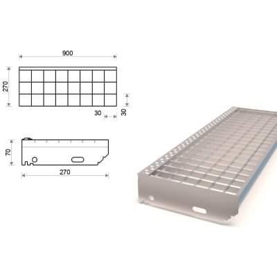 Pozinkovaný schodišťový stupeň lisovaný 900x270 mm, oko 30x30 mm – Zboží Mobilmania