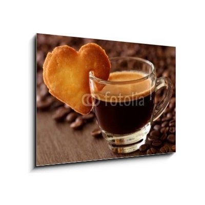 Obraz 1D - 100 x 70 cm - Espresso coffee with cake on brown background Espresso káva s koláčem na hnědém pozadí – Zboží Mobilmania