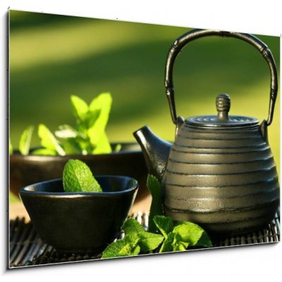 Obraz 1D - 100 x 70 cm - Black iron asian teapot with sprigs of mint for tea Černá železná asijská čajová konvice s větvičkami na čaj – Zboží Mobilmania