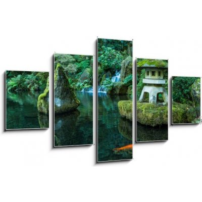 Obraz 5D pětidílný - 125 x 70 cm - A Lantern and Waterfall in the Portland Japanese Garden Lucerna a vodopád v japonské zahradě v Portlandu – Zboží Mobilmania