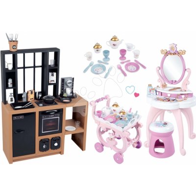 Smoby Set kuchyňka moderní Loft Industrial a kosmetický stolek Princezny se židlí a servírovací vozík