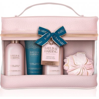 Baylis & Harding Jojoba, vanilka a mandlový olej mycí gel 300 ml + sprchový krém 300 ml + tělové mléko 200 ml + mycí houba + kosmetická taška 2 kusy dárková sada