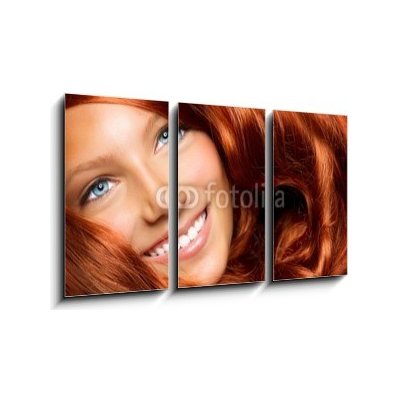 Obraz 3D třídílný - 90 x 50 cm - Beautiful Girl With Healthy Long Red Curly Hair Krásná dívka se zdravými dlouhými červenými kudrnatými vlasy – Zbozi.Blesk.cz