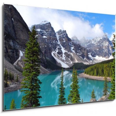Obraz 1D - 100 x 70 cm - Moraine Lake in Banff National Park, Alberta, Canada Moraine jezero v národním parku Banff, Alberta, Kanada – Zboží Mobilmania