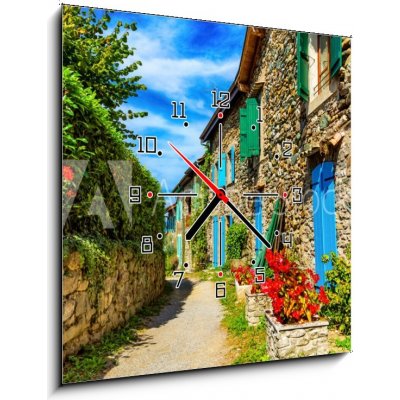 Obraz s hodinami 1D - 50 x 50 cm - Beautiful colorful medieval alley in Yvoire town in France Krásná barevná středověká ulička ve městě Yvoire ve Francii
