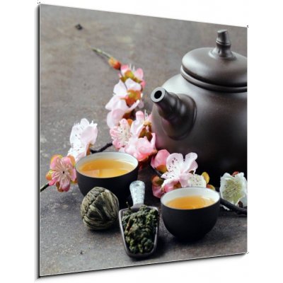 Obraz 1D - 50 x 50 cm - tea set (teapot, cups and different green tea) čajová souprava (čajová konvice, šálky a různé zelené čaje)