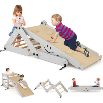 Costway Montessori polohovatelný Piklerové trojúhelník s lezecí deskou a houpačkou grey – Zboží Dáma