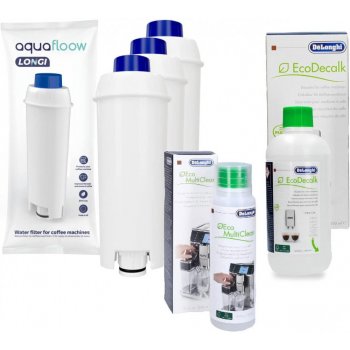 OEM DeLonghi MultiClean sada pro péči o mléčné okruhy, DeLonghi EcoDecalk a 3 filtry Aquafloow pro DeLonghi SER3017 / DLSC002